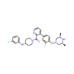 C[C@H]1CN(Cc2ccc(-c3cccnc3C(=O)N3CCC(Nc4cccc(F)c4)CC3)cc2F)C[C@@H](C)N1 ZINC000034884723