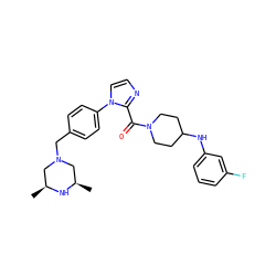 C[C@H]1CN(Cc2ccc(-n3ccnc3C(=O)N3CCC(Nc4cccc(F)c4)CC3)cc2)C[C@@H](C)N1 ZINC000034884948