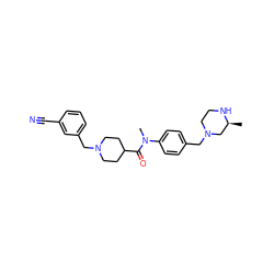 C[C@H]1CN(Cc2ccc(N(C)C(=O)C3CCN(Cc4cccc(C#N)c4)CC3)cc2)CCN1 ZINC000095598486