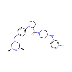 C[C@H]1CN(Cc2ccc(N3CCC[C@@H]3C(=O)N3CCC(Nc4cccc(F)c4)CC3)cc2)C[C@@H](C)N1 ZINC000040394992