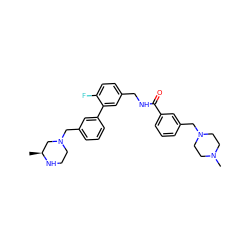 C[C@H]1CN(Cc2cccc(-c3cc(CNC(=O)c4cccc(CN5CCN(C)CC5)c4)ccc3F)c2)CCN1 ZINC000040956178