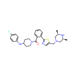 C[C@H]1CN(Cc2cnc(-c3ccccc3C(=O)N3CCC(Nc4ccc(F)cc4)CC3)s2)C[C@@H](C)N1 ZINC000040934163