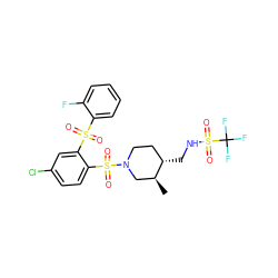 C[C@H]1CN(S(=O)(=O)c2ccc(Cl)cc2S(=O)(=O)c2ccccc2F)CC[C@@H]1CNS(=O)(=O)C(F)(F)F ZINC000049757476