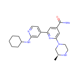 C[C@H]1CN(c2cc(C(N)=O)cc(-c3ccnc(NC4CCCCC4)c3)n2)CCN1 ZINC000058592779