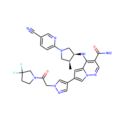 C[C@H]1CN(c2ccc(C#N)cn2)C[C@H]1Nc1c(C(N)=O)cnn2cc(-c3cnn(CC(=O)N4CCC(F)(F)C4)c3)cc12 ZINC000261174027