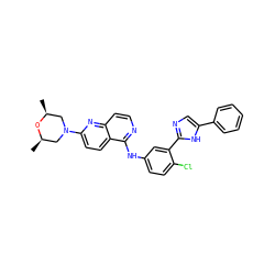 C[C@H]1CN(c2ccc3c(Nc4ccc(Cl)c(-c5ncc(-c6ccccc6)[nH]5)c4)nccc3n2)C[C@@H](C)O1 ZINC000095572034