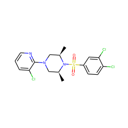 C[C@H]1CN(c2ncccc2Cl)C[C@@H](C)N1S(=O)(=O)c1ccc(Cl)c(Cl)c1 ZINC000040919129