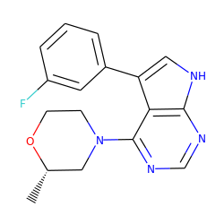 C[C@H]1CN(c2ncnc3[nH]cc(-c4cccc(F)c4)c23)CCO1 ZINC000224879370