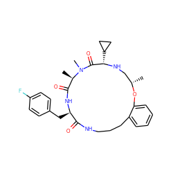 C[C@H]1CN[C@@H](C2CC2)C(=O)N(C)[C@H](C)C(=O)N[C@H](Cc2ccc(F)cc2)C(=O)NCCCc2ccccc2O1 ZINC000073196583