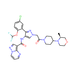 C[C@H]1COCCN1C1CCN(C(=O)Cn2cc(NC(=O)c3cnn4cccnc34)c(-c3cc(Cl)ccc3OC(F)F)n2)CC1 ZINC001772610047