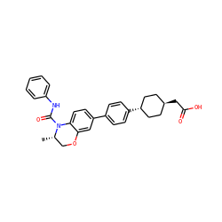 C[C@H]1COc2cc(-c3ccc([C@H]4CC[C@H](CC(=O)O)CC4)cc3)ccc2N1C(=O)Nc1ccccc1 ZINC000261163893