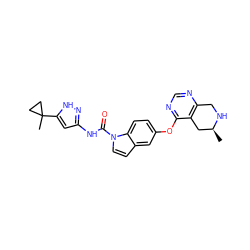 C[C@H]1Cc2c(ncnc2Oc2ccc3c(ccn3C(=O)Nc3cc(C4(C)CC4)[nH]n3)c2)CN1 ZINC000147841493