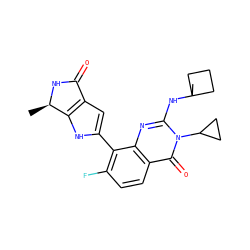 C[C@H]1NC(=O)c2cc(-c3c(F)ccc4c(=O)n(C5CC5)c(NC5(C)CCC5)nc34)[nH]c21 ZINC000222220373