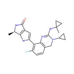 C[C@H]1NC(=O)c2cc(-c3c(F)ccc4c3N=C(NC3(C)CC3)N(C3CC3)C4)[nH]c21 ZINC001772639006