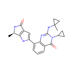 C[C@H]1NC(=O)c2cc(-c3cccc4c(=O)n(C5CC5)c(NC5(C)CC5)nc34)[nH]c21 ZINC000222232182