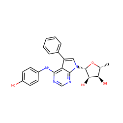 C[C@H]1O[C@@H](n2cc(-c3ccccc3)c3c(Nc4ccc(O)cc4)ncnc32)[C@H](O)[C@@H]1O ZINC000013809497