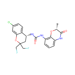 C[C@H]1Oc2c(NC(=O)N[C@@H]3CC(CF)(CF)Oc4cc(Cl)ccc43)cccc2NC1=O ZINC000143442548