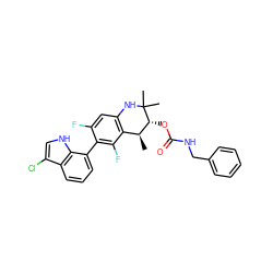 C[C@H]1c2c(cc(F)c(-c3cccc4c(Cl)c[nH]c34)c2F)NC(C)(C)[C@@H]1OC(=O)NCc1ccccc1 ZINC000066078858