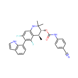 C[C@H]1c2c(cc(F)c(-c3cccc4cc[nH]c34)c2F)NC(C)(C)[C@@H]1OC(=O)Nc1ccc(C#N)cc1 ZINC000066097593