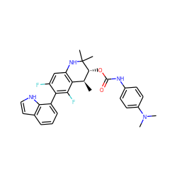 C[C@H]1c2c(cc(F)c(-c3cccc4cc[nH]c34)c2F)NC(C)(C)[C@@H]1OC(=O)Nc1ccc(N(C)C)cc1 ZINC000066078257