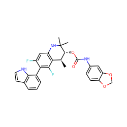 C[C@H]1c2c(cc(F)c(-c3cccc4cc[nH]c34)c2F)NC(C)(C)[C@@H]1OC(=O)Nc1ccc2c(c1)OCO2 ZINC000066076534