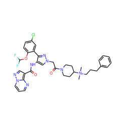 C[N+](C)(CCCc1ccccc1)C1CCN(C(=O)Cn2cc(NC(=O)c3cnn4cccnc34)c(-c3cc(Cl)ccc3OC(F)F)n2)CC1 ZINC001772596256