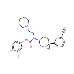 C[N+]1(CCN(C(=O)Nc2ccc(F)c(Cl)c2)[C@@H]2CC[C@]3(c4cccc(C#N)c4)C[C@@H]3C2)CCCCC1 ZINC000064261547