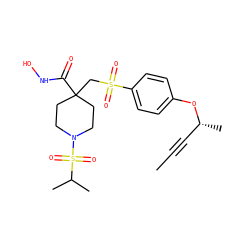 CC#C[C@@H](C)Oc1ccc(S(=O)(=O)CC2(C(=O)NO)CCN(S(=O)(=O)C(C)C)CC2)cc1 ZINC000028861991
