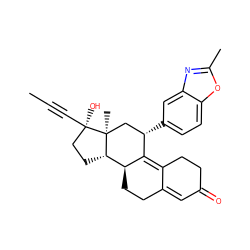 CC#C[C@]1(O)CC[C@H]2[C@@H]3CCC4=CC(=O)CCC4=C3[C@@H](c3ccc4oc(C)nc4c3)C[C@@]21C ZINC000073200527