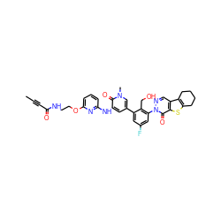 CC#CC(=O)NCCOc1cccc(Nc2cc(-c3cc(F)cc(-n4ncc5c6c(sc5c4=O)CCCC6)c3CO)cn(C)c2=O)n1 ZINC001772630009