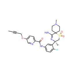 CC#CCOc1ccc(C(=O)Nc2ccc(F)c([C@]3(C)CS(=O)(=O)C4(CCN(C)CC4)C(N)=N3)c2)nc1 ZINC000214150536