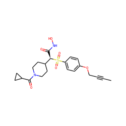 CC#CCOc1ccc(S(=O)(=O)[C@H](C(=O)NO)C2CCN(C(=O)C3CC3)CC2)cc1 ZINC000013586035