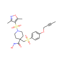 CC#CCOc1ccc(S(=O)(=O)CC2(C(=O)NO)CCN(S(=O)(=O)c3c(C)noc3C)CC2)cc1 ZINC000028816892