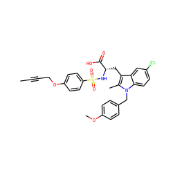 CC#CCOc1ccc(S(=O)(=O)N[C@@H](Cc2c(C)n(Cc3ccc(OC)cc3)c3ccc(Cl)cc23)C(=O)O)cc1 ZINC000042834104