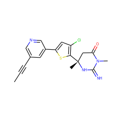 CC#Cc1cncc(-c2cc(Cl)c([C@]3(C)CC(=O)N(C)C(=N)N3)s2)c1 ZINC000095571882