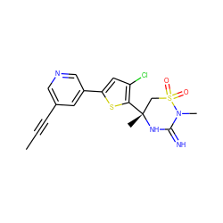 CC#Cc1cncc(-c2cc(Cl)c([C@]3(C)CS(=O)(=O)N(C)C(=N)N3)s2)c1 ZINC000144605596