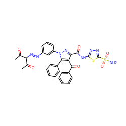 CC(=O)C(/N=N/c1cccc(-n2nc(C(=O)Nc3nnc(S(N)(=O)=O)s3)c(C(=O)c3ccccc3)c2-c2ccccc2)c1)C(C)=O ZINC000049844732
