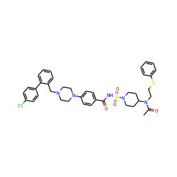 CC(=O)N(CCSc1ccccc1)C1CCN(S(=O)(=O)NC(=O)c2ccc(N3CCN(Cc4ccccc4-c4ccc(Cl)cc4)CC3)cc2)CC1 ZINC000165131074