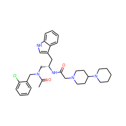 CC(=O)N(Cc1ccccc1Cl)C[C@H](Cc1c[nH]c2ccccc12)NC(=O)CN1CCC(N2CCCCC2)CC1 ZINC000027850929