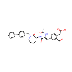 CC(=O)N/C(=C\c1ccc(CC(=O)O)c(C=O)c1)C(=O)N[C@H]1CCCCN(Cc2ccc(-c3ccccc3)cc2)C1=O ZINC000014880609