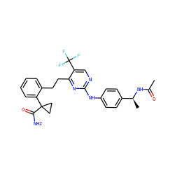 CC(=O)N[C@@H](C)c1ccc(Nc2ncc(C(F)(F)F)c(CCc3ccccc3C3(C(N)=O)CC3)n2)cc1 ZINC000211051401