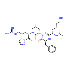 CC(=O)N[C@@H](CCCCN)C(=O)N[C@@H](Cc1ccccc1)C(=O)N[C@@H](CC(C)C)C(=O)N[C@@H](CCCNC(=N)N)C(=O)c1nccs1 ZINC000299833269