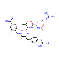 CC(=O)N[C@@H](CCCN=C(N)N)C(=O)N[C@H](C(=O)N[C@@H](Cc1ccc(N=C(N)N)cc1)C(=O)NCc1ccc(C(=N)N)cc1F)C(C)C ZINC000204925273