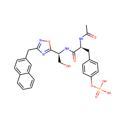 CC(=O)N[C@@H](Cc1ccc(OP(=O)(O)O)cc1)C(=O)N[C@@H](CO)c1nc(Cc2ccc3ccccc3c2)no1 ZINC000014944836