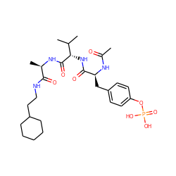 CC(=O)N[C@@H](Cc1ccc(OP(=O)(O)O)cc1)C(=O)N[C@H](C(=O)N[C@H](C)C(=O)NCCC1CCCCC1)C(C)C ZINC000027438331