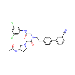 CC(=O)N[C@@H]1CCN(CC(=O)N(CCc2ccc(-c3cccc(C#N)c3)cc2)CC(=O)Nc2cc(Cl)cc(Cl)c2)C1 ZINC000084796192