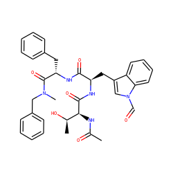 CC(=O)N[C@H](C(=O)N[C@H](Cc1cn(C=O)c2ccccc12)C(=O)N[C@@H](Cc1ccccc1)C(=O)N(C)Cc1ccccc1)[C@@H](C)O ZINC000003933944