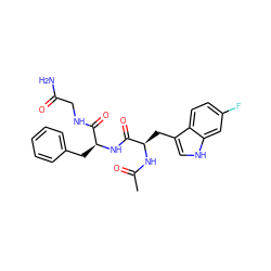 CC(=O)N[C@H](Cc1c[nH]c2cc(F)ccc12)C(=O)N[C@@H](Cc1ccccc1)C(=O)NCC(N)=O ZINC000299825730