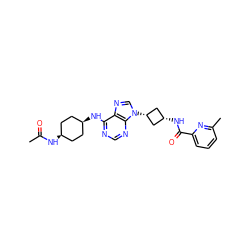 CC(=O)N[C@H]1CC[C@@H](Nc2ncnc3c2ncn3[C@H]2C[C@@H](NC(=O)c3cccc(C)n3)C2)CC1 ZINC001772614147