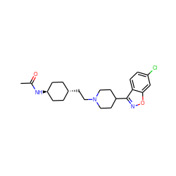 CC(=O)N[C@H]1CC[C@H](CCN2CCC(c3noc4cc(Cl)ccc34)CC2)CC1 ZINC001772585141